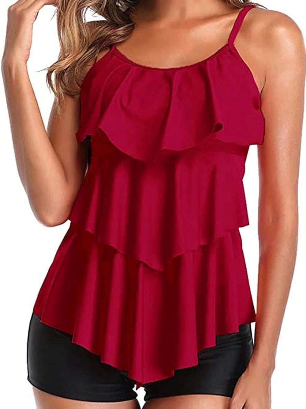 Red Ruffle Tankini with Black Bottoms. NWOT